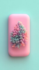 Pink soap with colorful floral design, artistic and unique.