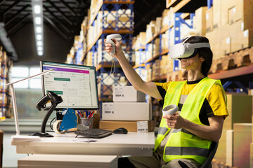 Male worker wearing a VR headset for 3D simulation powered by artificial intelligence, supporting...