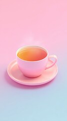 Fototapeta premium Pink teacup on a saucer with warm beverage, pastel background.