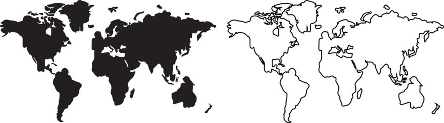 World map illustration featuring continents in both solid black and outline form against a white background for geographical representation