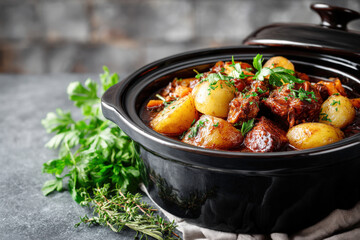 Hearty Beef Stew with Potatoes Carrots in Black Cast Iron Dutch Oven Fresh Herbs
