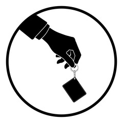 Black icon hand holding card on a keychain in a round frame without background