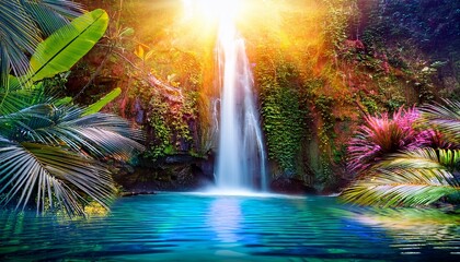 Fantasy Summer Image With A Glowing Waterfall In The Background And Exotic Plants Surrounding It