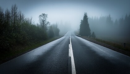Lonely And Moody Atmosphere Of A Road In Foggy Weather