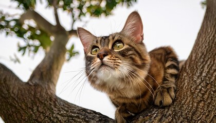 Cat Up A Tree Looking Up In Hunting Pose With Isolated Background