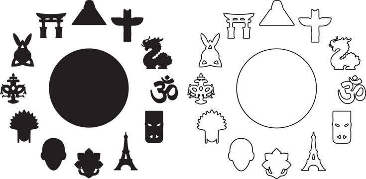 Collection of diverse cultural symbols and icons in black and white vector format for graphic design and creative projects use