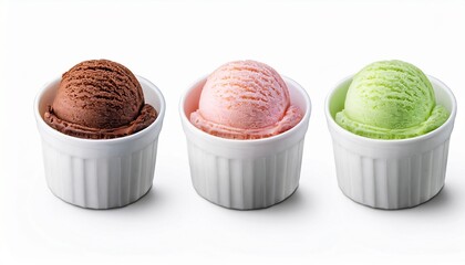 Ice Cream Scoops In White Cups Of Chocolate Strawberry Vanilla And Green Tea Flavours Isolated On White Background Clipping Path Included