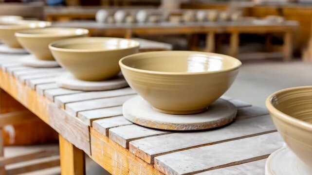 A close-up shot of multiple unglazed ceramic bowls lined up on a wooden table in a pottery workshop.