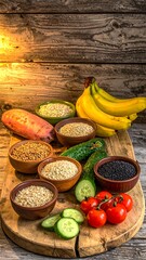 Vibrant Display of Healthy Foods on Wooden Cutting Board.