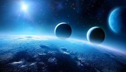 Planets In Deep Space Blue Star Eclipse Science Fiction