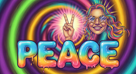 Psychedelic 70s Vibes, Hippie girl and peace sign with multicolor 'PEACE' text, interpreting optimism, freedom, and the retro spirit