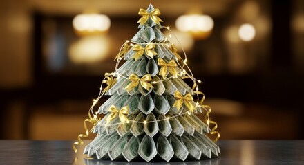 Creative christmas tree made of dollar bills with golden ribbons and lights