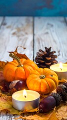 Autumnal Still Life - Pumpkins, Candles, and Pine Cone on Rustic Wood.
