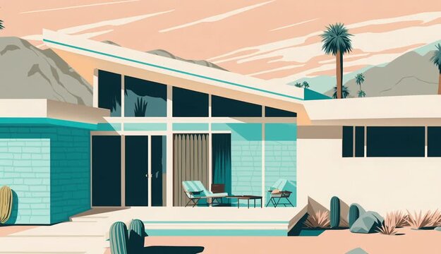 Title	
The timeless elegance and iconic mid-century modern architectural design of Palm Springs, blending sleek lines, minimalism, and retro-futuristic aesthetics, reminiscent of the 1950s, in a deser