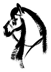 Vector illustration of a horse is head in oriental calligraphy style. Vector illustration