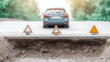 Car cautiously navigating hazardous road conditions with warning signs ahead