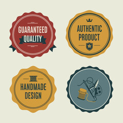 Vintage badges collection showcasing quality authenticity and handmade design elements.