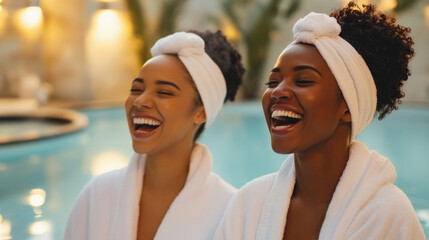 Joyful best friends in white robes sharing laughter at a luxurious spa retreat