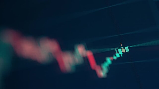 A dynamic close-up timelapse of candlestick charts rising and falling on a trading screen, reflecting market volatility and momentum