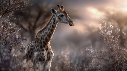 Obraz premium Giraffe in afrikanischer Savanne bei Sonnenuntergang, harmonische Wildnislandschaft