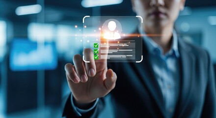 Fototapeta premium Businessman interacting with futuristic digital interface and user verification.