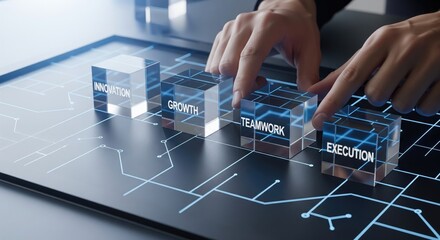 Hands touching transparent blocks representing concepts: innovation, growth, teamwork.