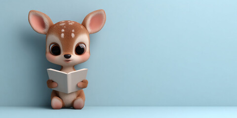 Cute baby deer reading book with hooves, joyful expression, cartoon style, soft colors, playful atmosphere