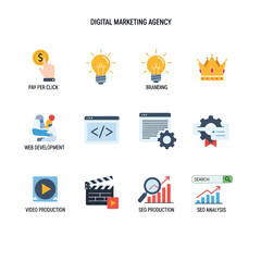 Digital marketing agency services flat icon set for business promotion.