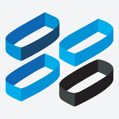 Four colorful isometric rings arranged in a two by two grid, Four colorful, isometric rings arranged in a square formation on a white background. Vibrant colors include purple, orange, green, and blue