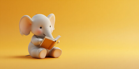 Cute elephant calf reading book with joyful expression against bright yellow background