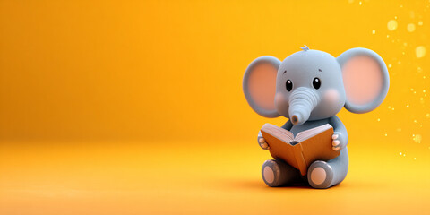 Cute elephant calf reading book, joyful expression, vibrant orange background, playful design, cartoon style, adorable