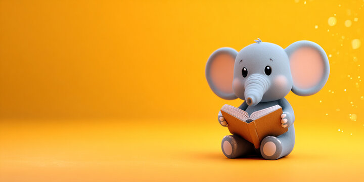 Cute elephant calf reading book, joyful expression, vibrant orange background, playful design, cartoon style, adorable