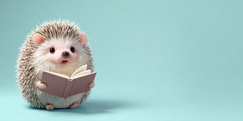 Cute hedgehog holding open book, expressing curiosity and joy, set against soft blue background