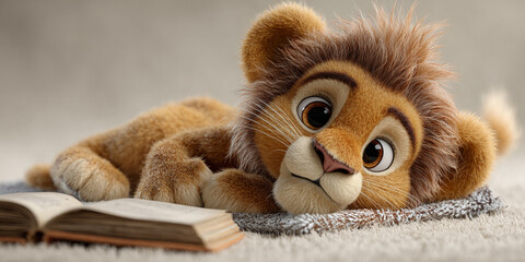 Fototapeta premium Cute lion cub lying on rug, reading book with curious expression. soft fur and playful demeanor create charming scene