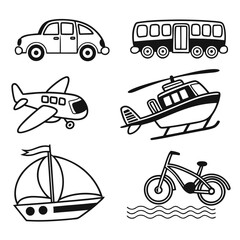 black white doodle icons car bus airplane.svg