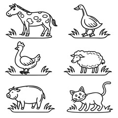 black white doodle icons cow chicken pig s.svg
