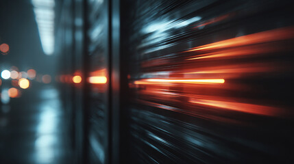 Hyperrealistic image of AI server lights blurred into motion lines, conveying speed, futuristic technology, and advanced computing environments.