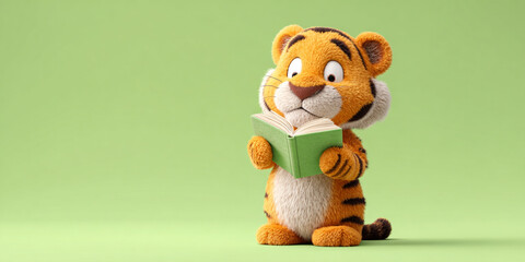 Cute tiger cub holding book, bright green background, playful expression, adorable character, cartoon style, vibrant colors