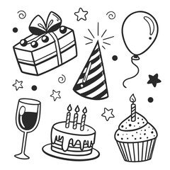cute doodle icons cake gift box party hat ba.svg