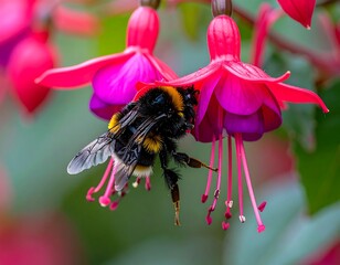 Bumblebee on Fuchsia Flower - A Vibrant Pollination Scene.