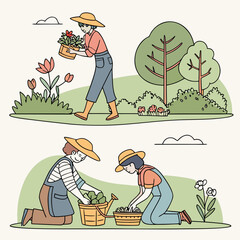 line vector characters watering plants holding.svg