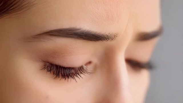 A close-up shot shows a woman with severely red, irritated eyes, wiping them with a tissue due to an allergic reaction or illness.