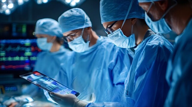 Surgeons using tablet during advanced medical surgery