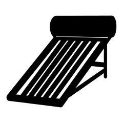 Silhouette of a black solar water heater panel with tank on white
