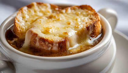 Classic French onion soup in white bowl with toasted bread and melted cheese on light background, close-up of comfort food dish presentation.