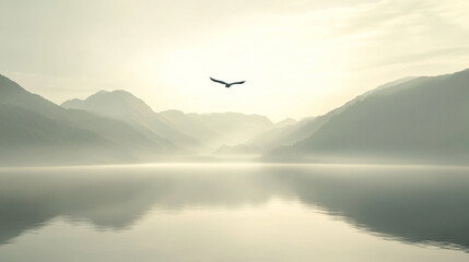 Hyperrealistic bird flying low over calm lake surface with reflective water and serene landscape creating a peaceful nature scene emphasizing freedom motion and tranquil environment