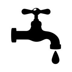 Black and white illustration of a leaky faucet with a single drop