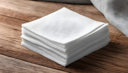 Stack of clean white paper napkins on wooden table in close-up view as mockup template for branding or presentation layout scene concept.