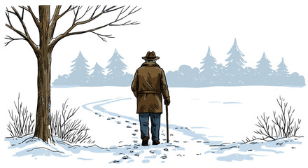 Old man walking on snow path in winter forest, emotional illustration for loneliness, memory or life journey concept design
