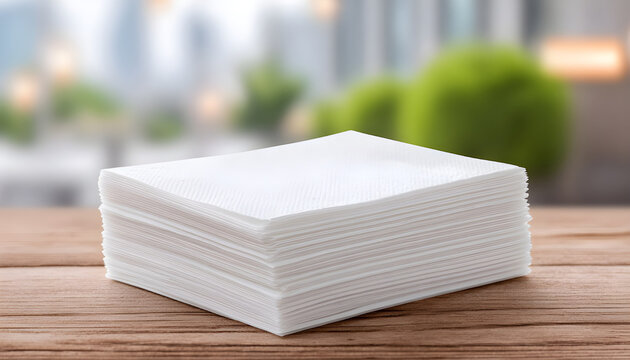 Stack of clean white paper napkins on wooden table in close-up view as mockup template for branding or presentation layout scene concept.